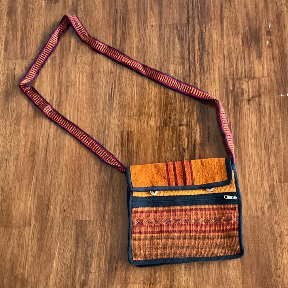 Artisan Handmade Boho Rustic Satchel Crossbody Bag Orange Black Red